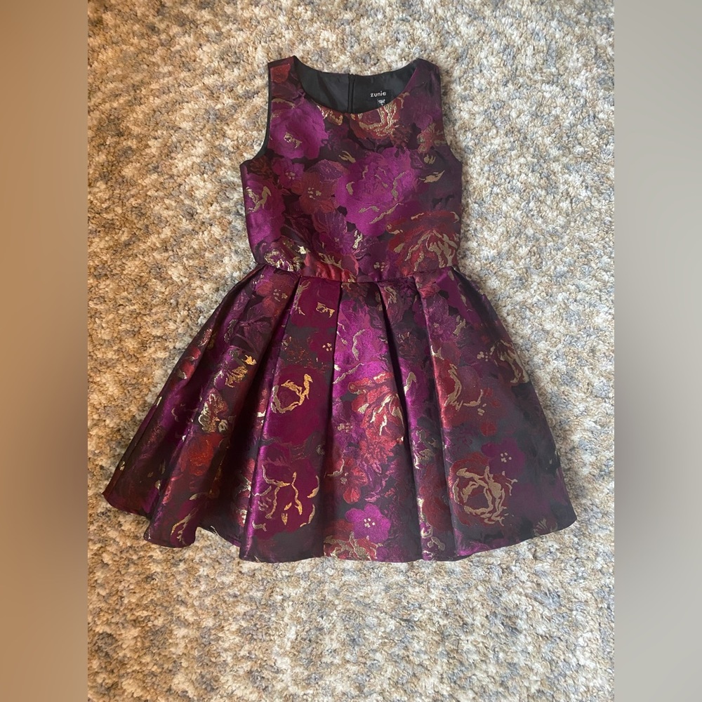 ZUNIE Burgundy-Purple Flower Patterned Dress With Gold Hints